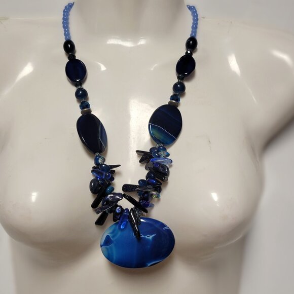 Chunky Blue Necklace Acrylic Nugget Bead Statement Necklace - Picture 1 of 10